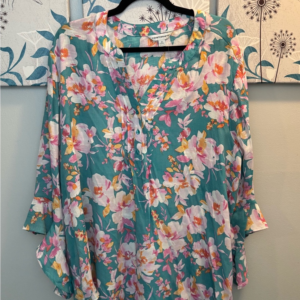 COUNTERPARTS Teal Floral Split-Neck Women’s Blouse plus size 3x brand new